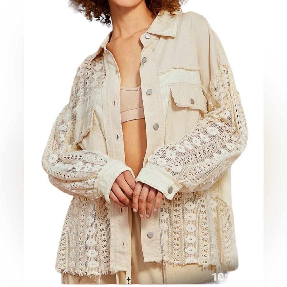 POL Cream Crochet Lace Button-Up Jacket